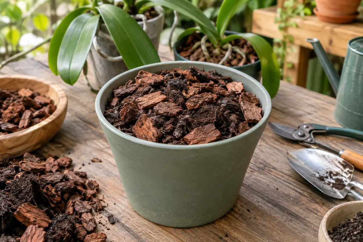 Substrat pour orchidées à base d’écorces de pin et de matière fibreuse dans un pot de culture