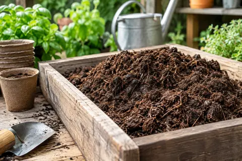 Terreau brun et fibreux pour semis et bouturage dans un bac en bois près de godets de jeunes pousses.