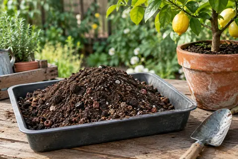 Terreau brun avec sable et pouzzolane, près d’un citronnier en pot et d’une pelle de jardin