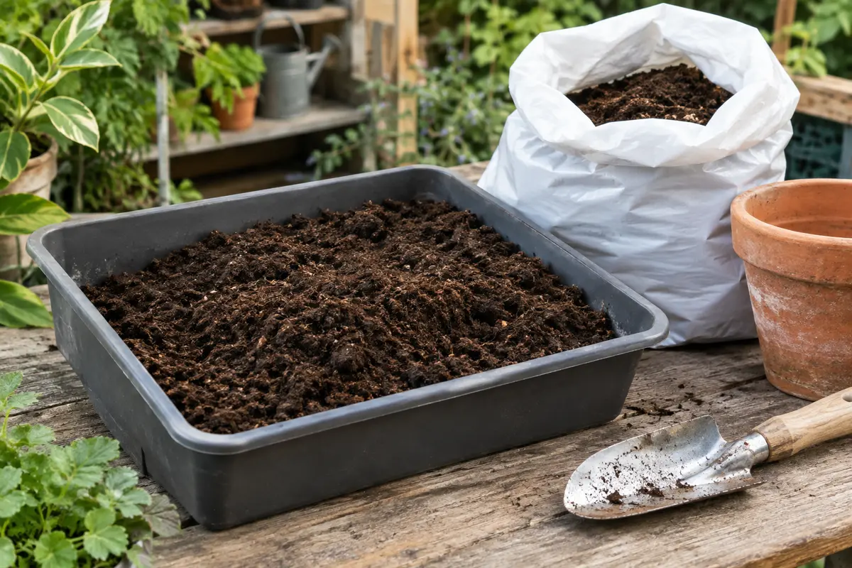 Terreau universel brun prêt à l’emploi dans un bac, près d’un pot et d’une pelle de jardin