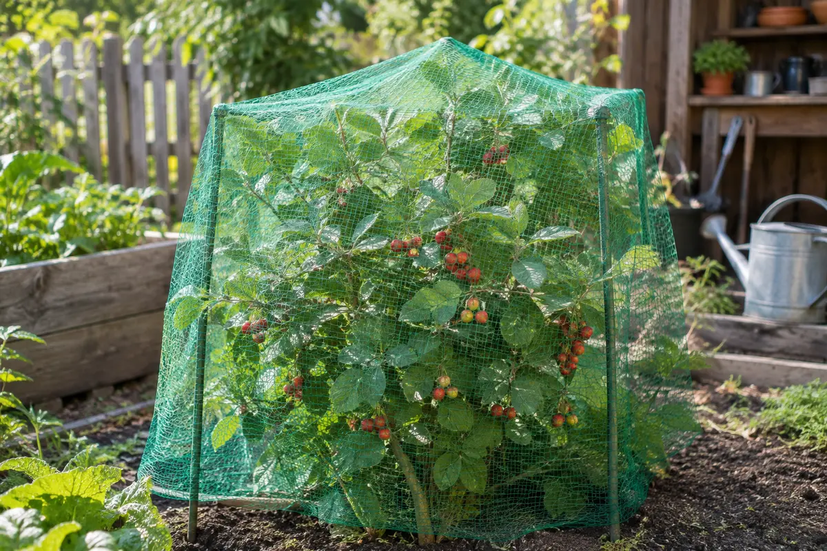 Filet de protection vert à maille fine tendu au-dessus d’un arbuste fruitier dans un jardin