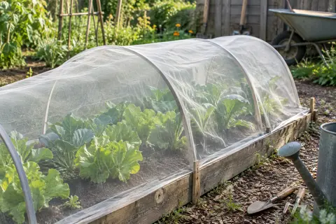 Filet de jardin à maille fine posé au-dessus d’une rangée de légumes dans un potager cultivé