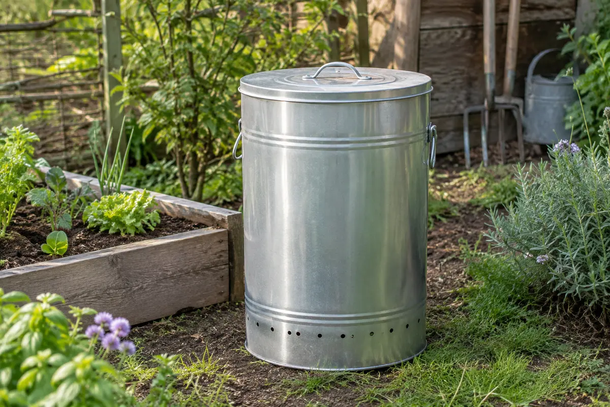 Composteur cylindrique en métal galvanisé argenté installé dans un jardin cultivé