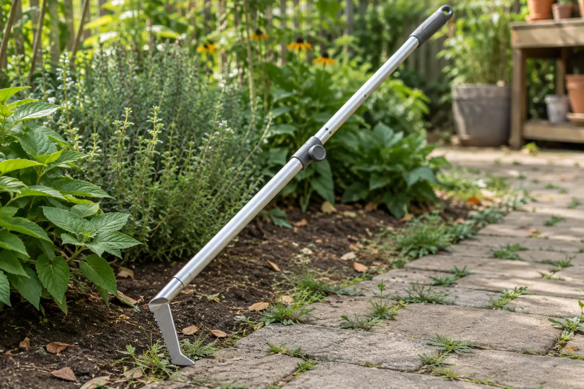 Couteau désherbeur métallique à manche réglable posé près de pavés avec des herbes dans les joints