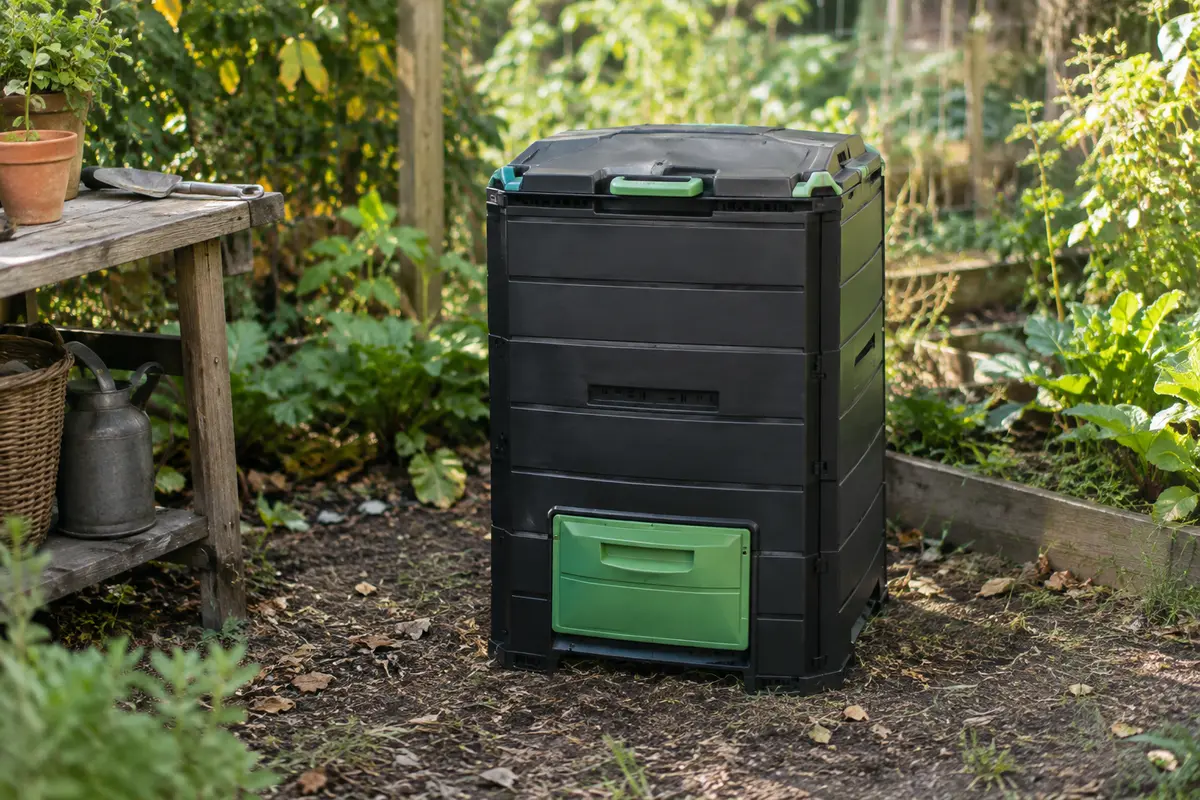 Composteur de jardin thermique noir à détails verts installé dans un espace de jardinage lumineux