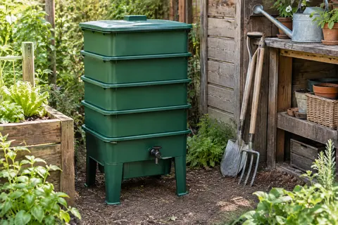 Lombricomposteur vert à quatre plateaux avec bac inférieur et robinet dans un coin de jardin