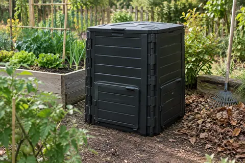 Composteur de jardin noir Brixo avec couvercle supérieur et accès latéraux, installé près d’un potager