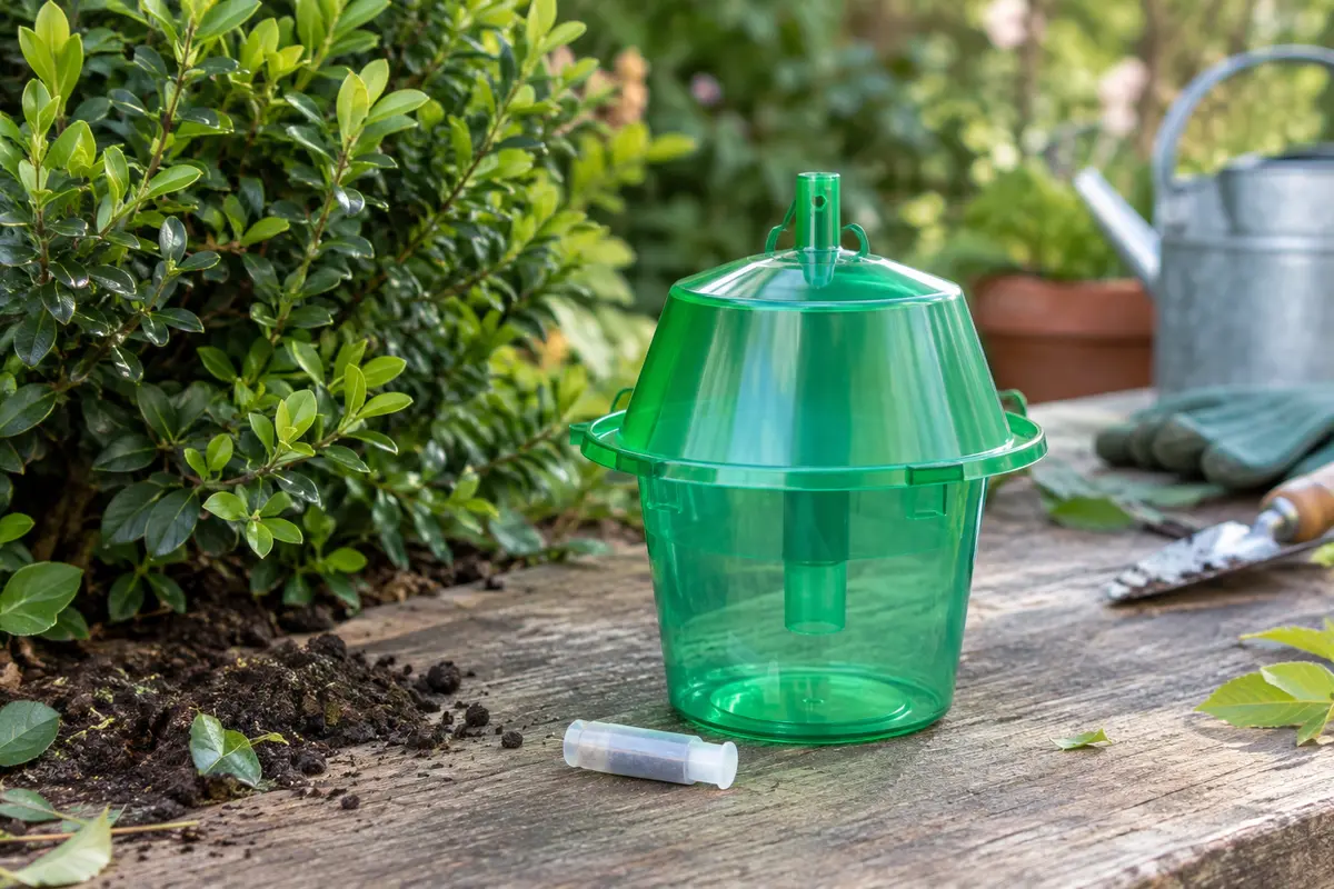 Piège de surveillance vert et translucide à phéromones placé près d’un buis dans un jardin