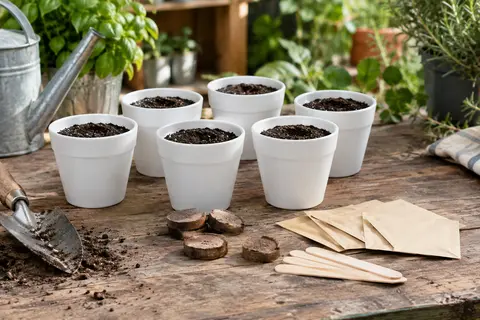 Kit blanc de semis aromatiques avec pots, pastilles de culture et marqueurs sur une table en bois