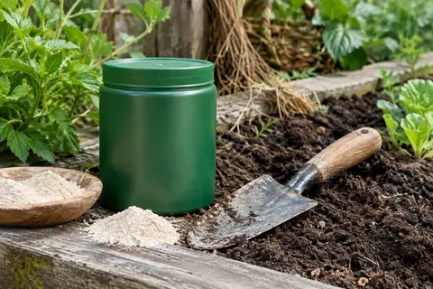 Farine d’os en poudre près d’un sol travaillé, avec un contenant vert et une truelle de jardin
