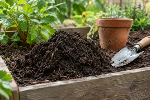 Humus de lombric dans un bac en bois, avec une truelle et un pot près d’une terre de jardin
