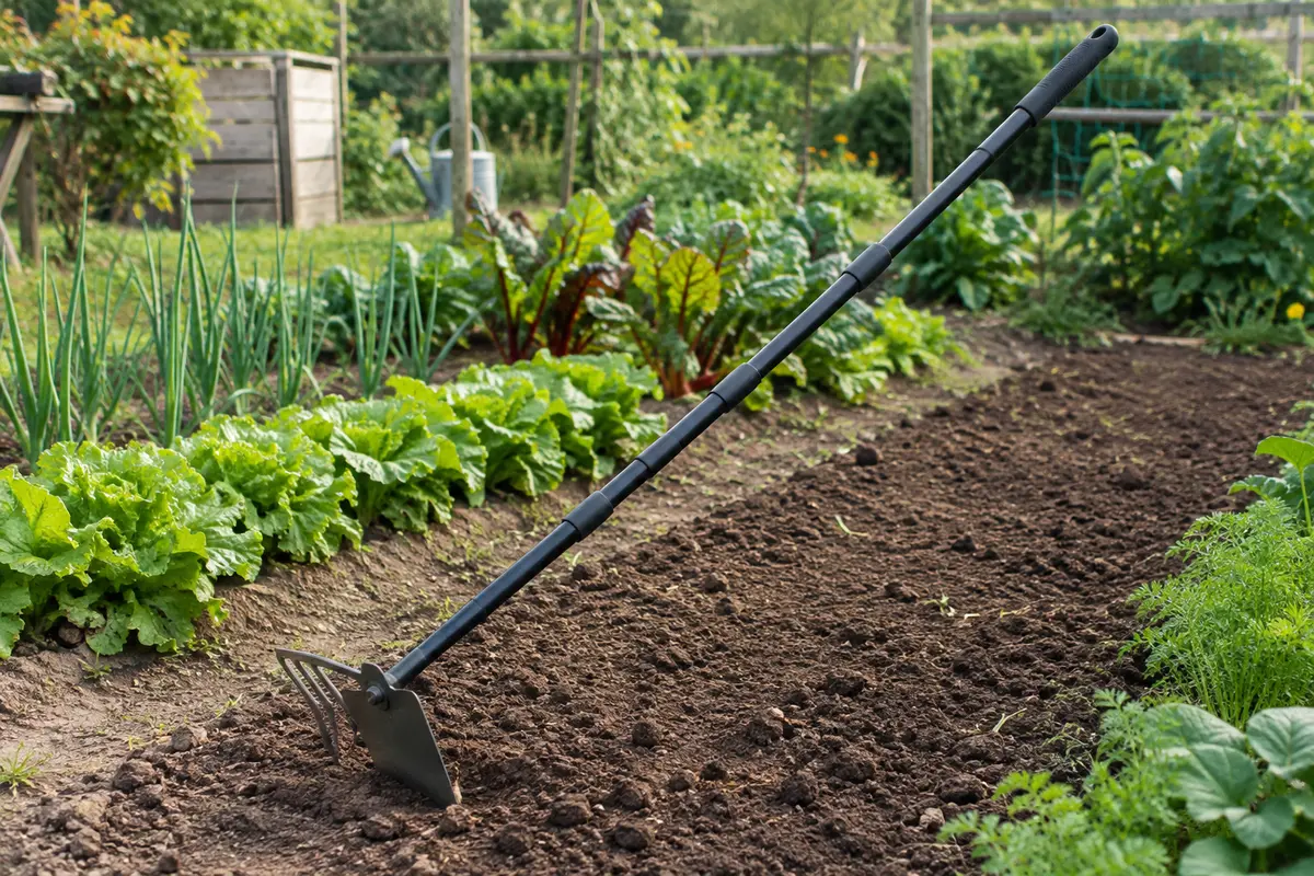 Houe-cultivateur Dakepole à manche noir réglable, posée près d’une planche de potager travaillée