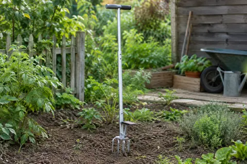 Désherbeur manuel Digtokore à quatre griffes posé dans un jardin cultivé près d’une terre meuble.