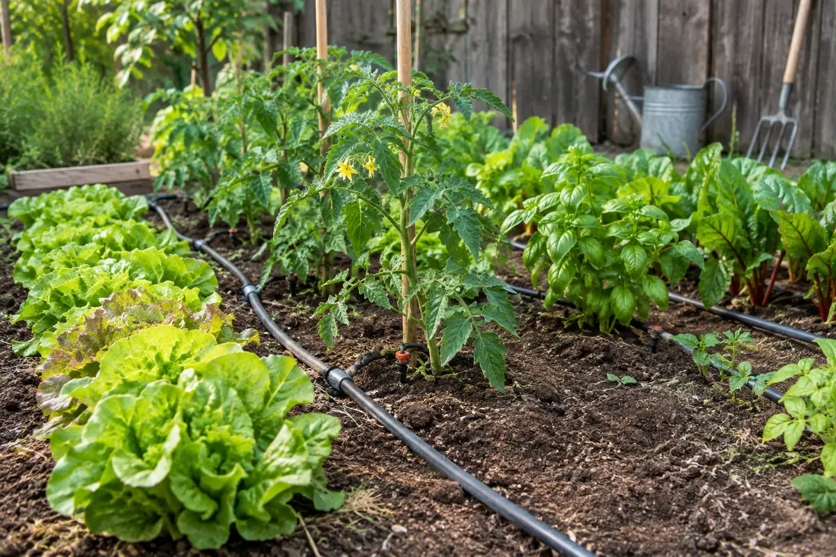 Tuyaux d’un kit goutte-à-goutte disposés au pied des plantes dans un potager