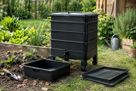 Lombricomposteur noir Eco-Worms LC400 avec bac collecteur et roulettes dans un jardin