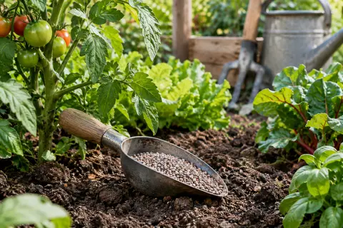 Granulés d’engrais près d’un plant de tomate dans un potager lumineux