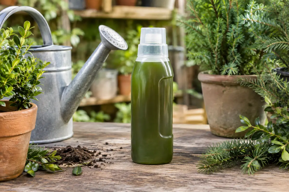 Flacon d’engrais liquide près d’un arrosoir en métal et de jeunes arbustes en pots