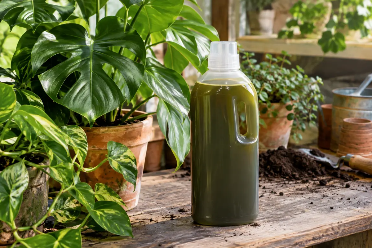 Flacon d’engrais liquide près de plantes vertes en pot dans un atelier de jardin lumineux