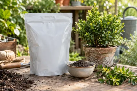 Sachet neutre d’engrais en poudre posé près d’un pot d’arbuste et de feuilles de buis dans un atelier de jardin.