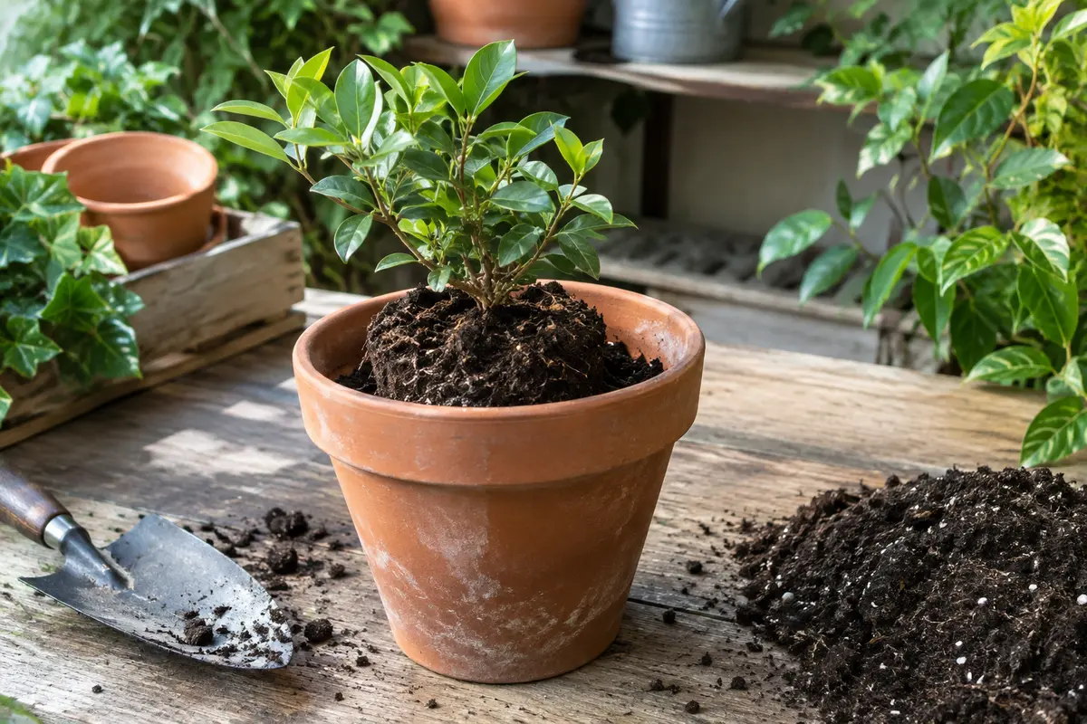 Terreau prêt à l’emploi dans un pot en terre cuite, avec une motte et des outils de jardinage