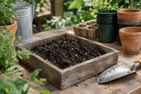 Terreau fin mêlé de sable et de perlite dans un bac de semis en bois, avec de petits pots à proximité
