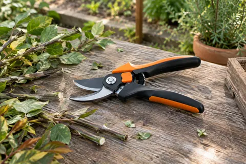 Sécateur à lame franche noir et orange posé sur un établi en bois près de rameaux fraîchement taillés