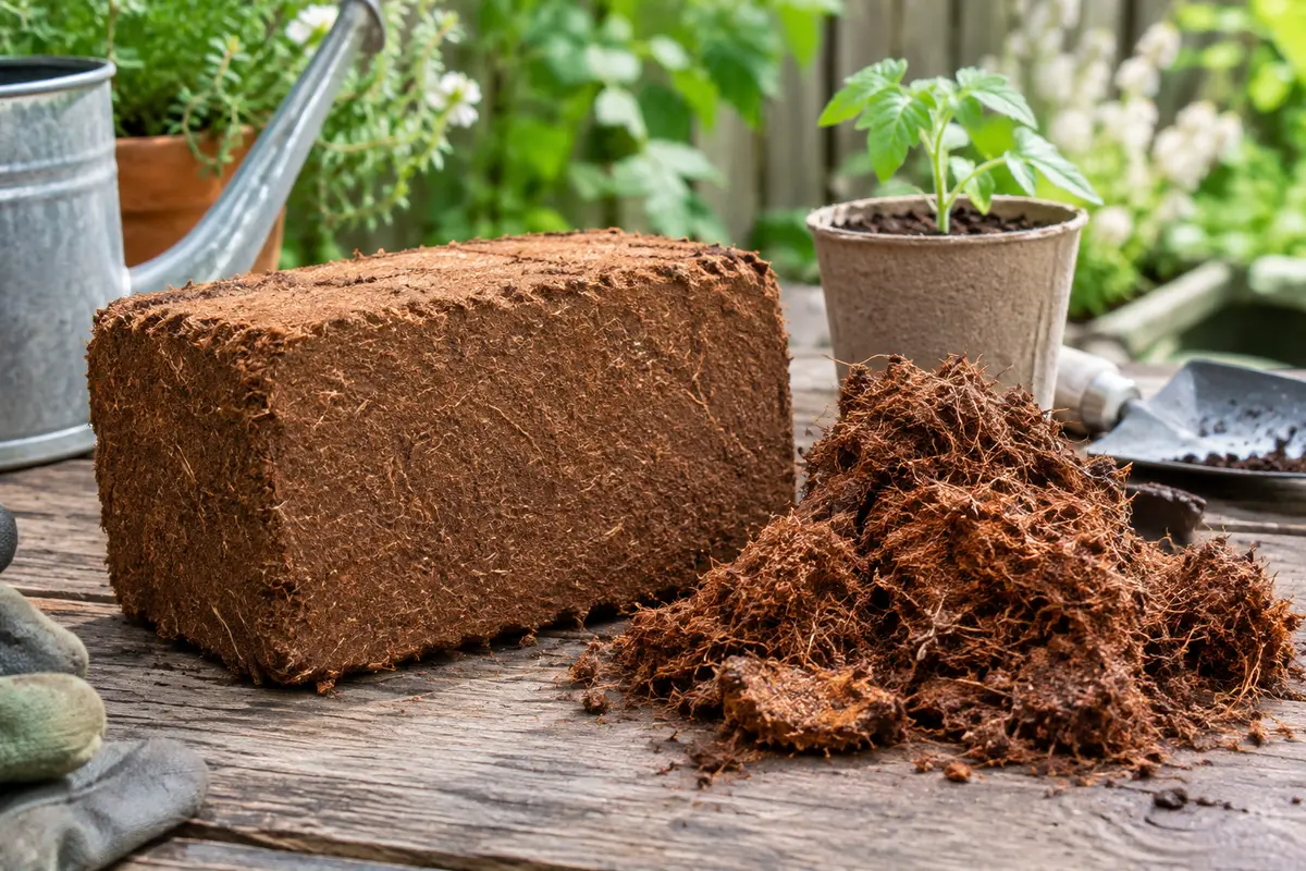 Bloc compact de fibres de coco brunes posé près de fibres réhydratées et d’un pot de semis
