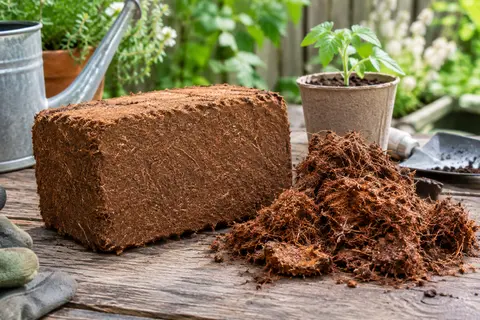 Bloc compact de fibres de coco brunes posé près de fibres réhydratées et d’un pot de semis
