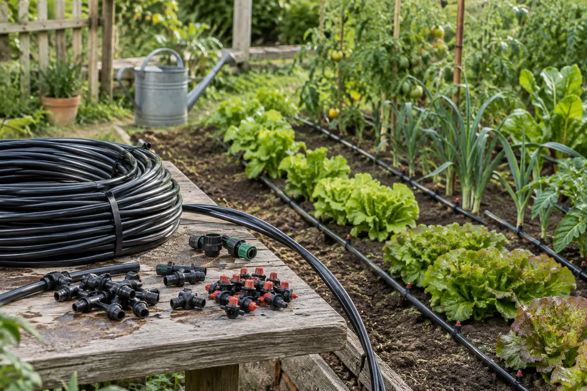 Kit d’irrigation avec tuyaux souples, raccords et émetteurs posé près des rangs d’un potager.
