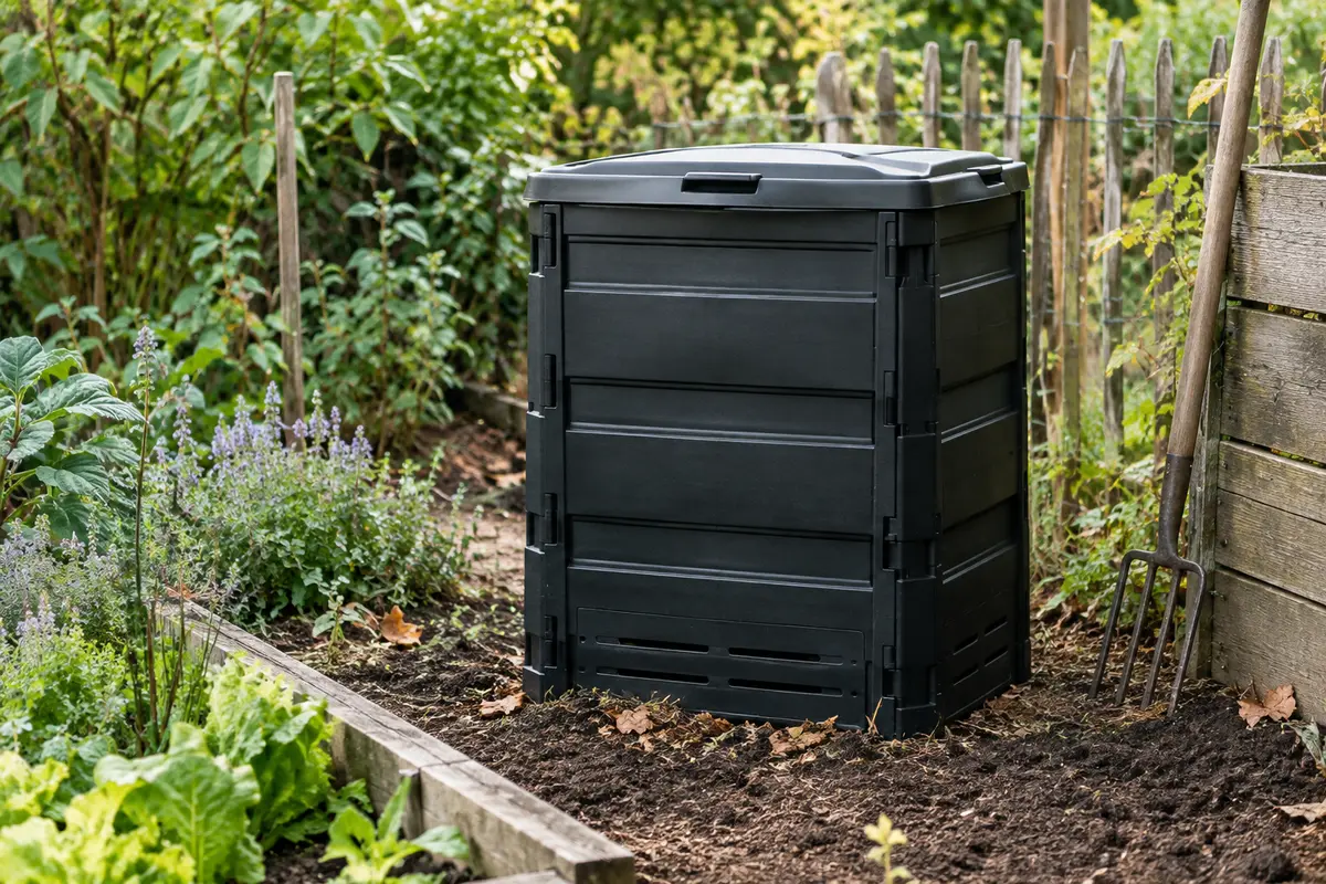 Composteur de jardin noir en polypropylène installé près d’un potager, sur un sol de terre travaillé