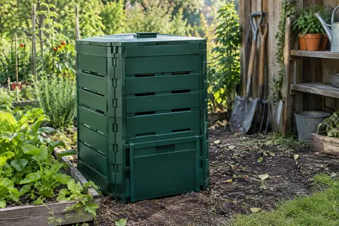 Composteur de jardin Garantia Thermo-King vert installé près d’un potager