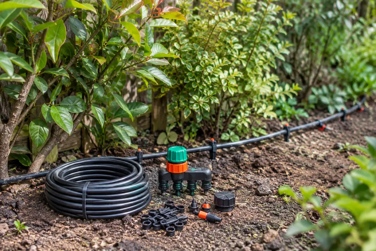 Kit goutte-à-goutte Gardena avec tuyau, supports et centrale posé au pied d’une haie