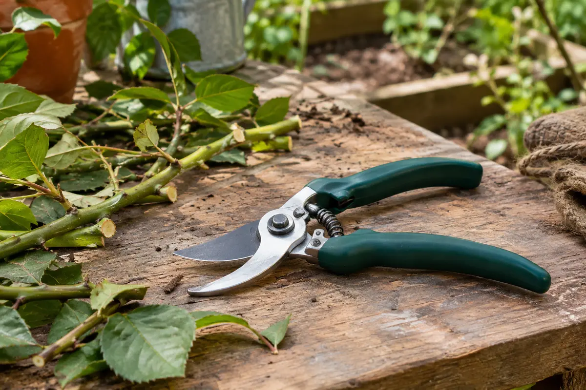 Sécateur manuel à lames en acier et poignées en plastique posé sur un établi de jardin en bois.