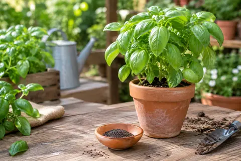 Graines de basilic Genovese près d’un jeune plant en pot sur une table en bois de jardin.
