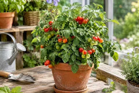 Plant compact de tomate Minibel en pot, avec de petites tomates cerise rouges parmi le feuillage.