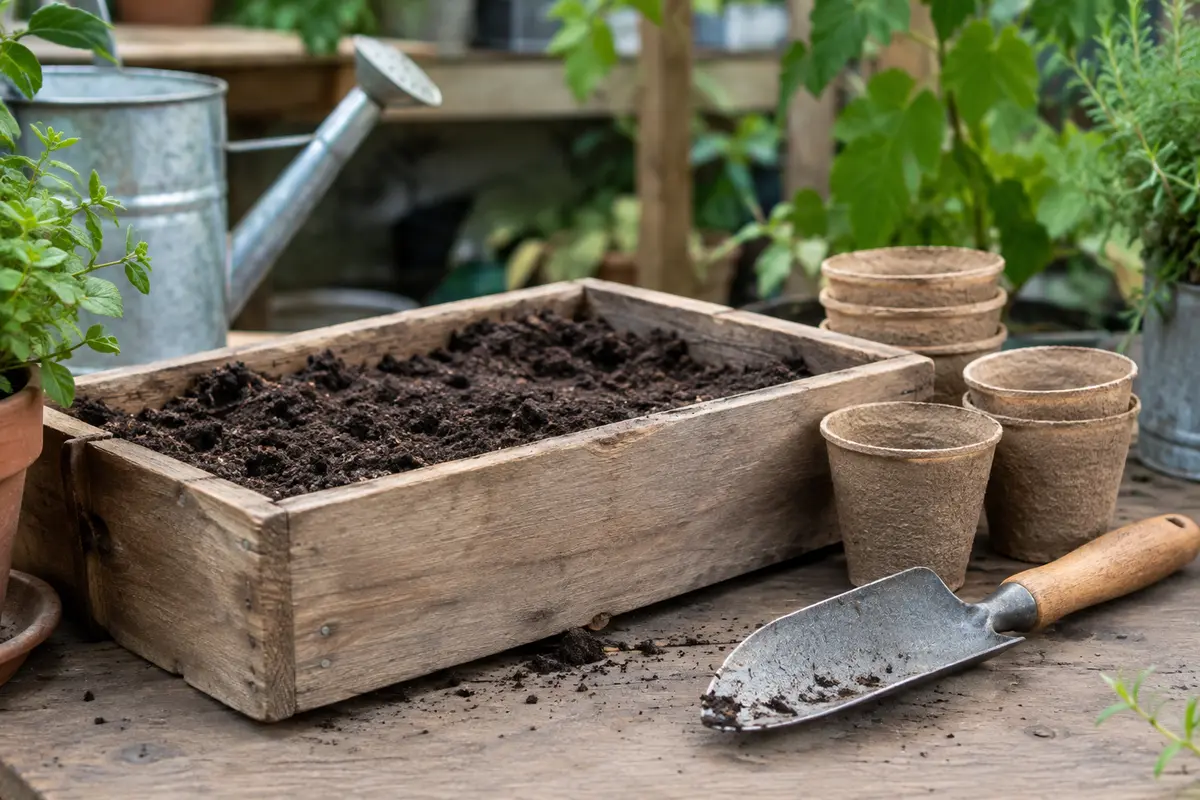 Terreau pour semis dans une caissette en bois, avec des godets et un transplantoir en métal.