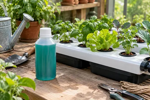 Flacon de solution nutritive NPK près de jeunes plants cultivés en hydroponie.