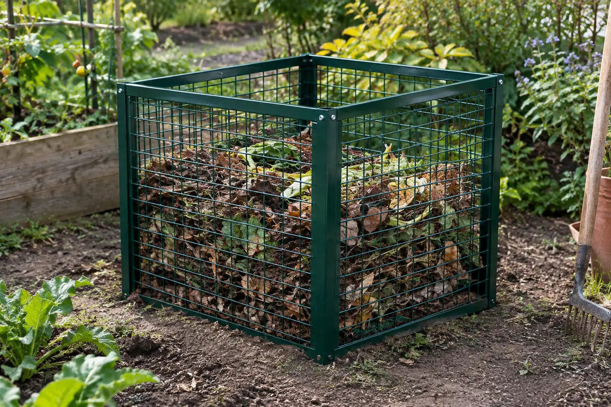 Composteur carré vert foncé en acier grillagé, installé dans un jardin avec des feuilles et déchets végétaux