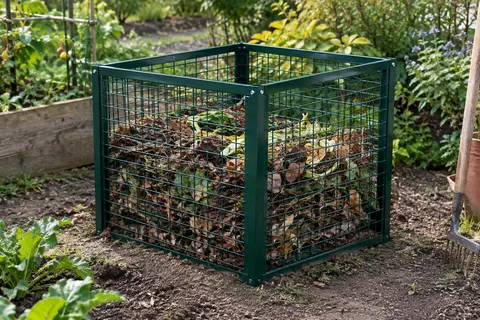 Composteur carré vert foncé en acier grillagé, installé dans un jardin avec des feuilles et déchets végétaux