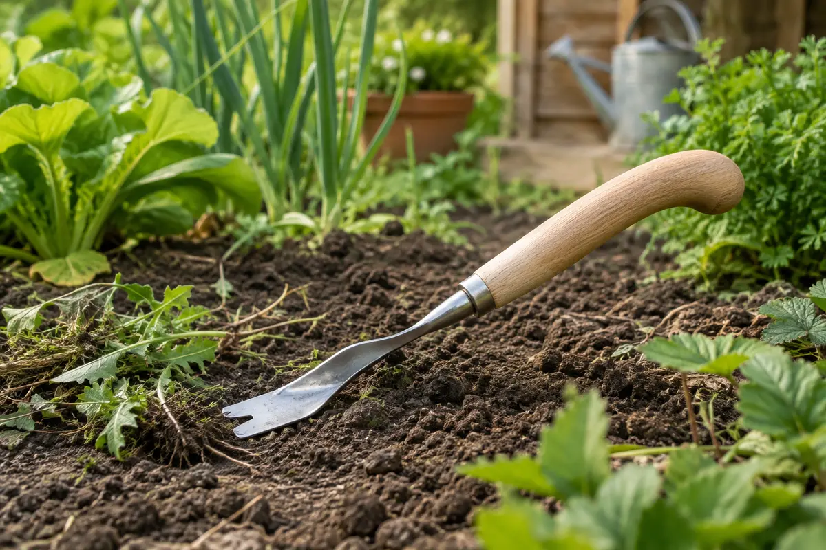 Désherbeur manuel à tête en acier inoxydable et manche recourbé en frêne posé sur la terre du jardin