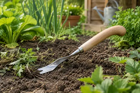 Désherbeur manuel à tête en acier inoxydable et manche recourbé en frêne posé sur la terre du jardin