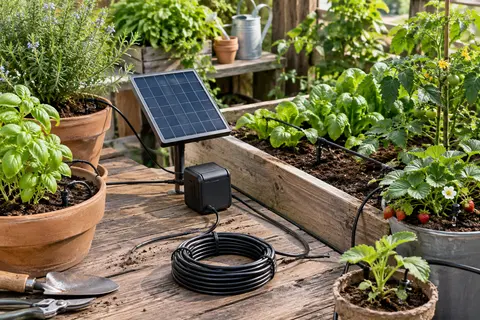Kit d’arrosage solaire goutte-à-goutte avec panneau, tuyau et goutteurs près de plantes en pots.