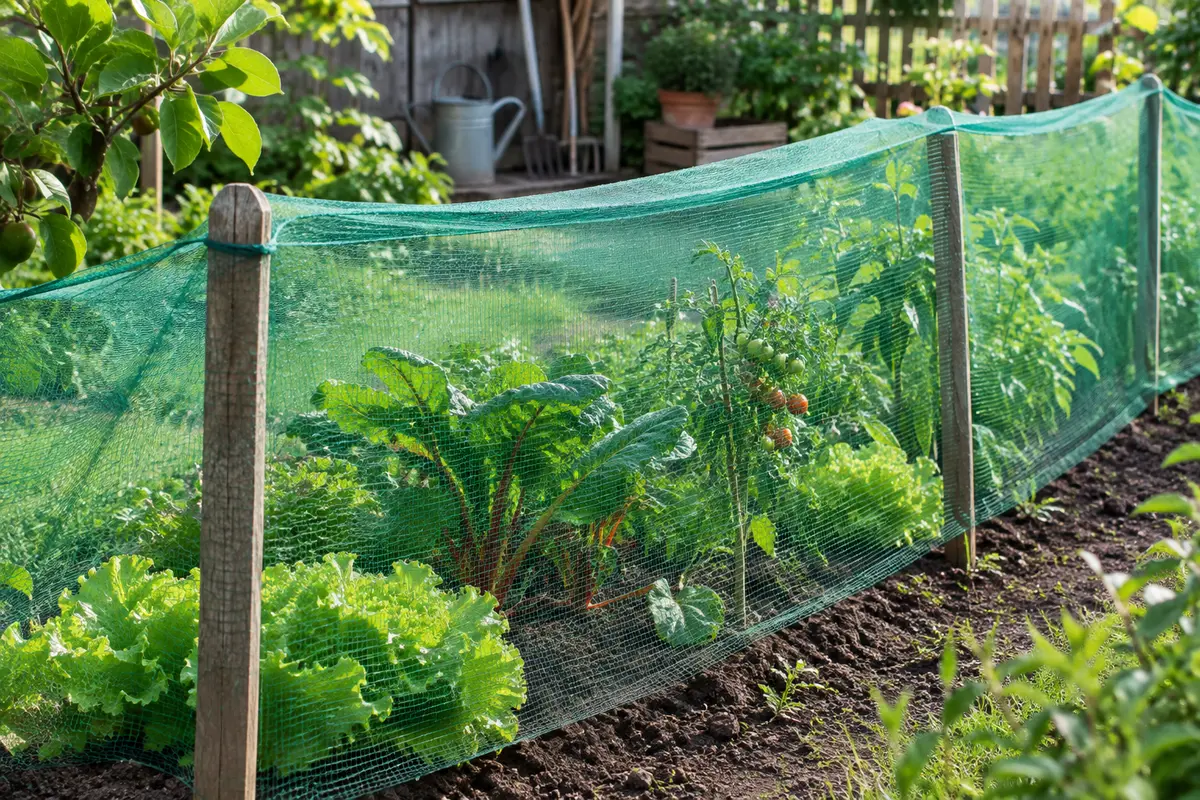 Filet vert à mailles fines posé au-dessus de cultures dans un jardin potager