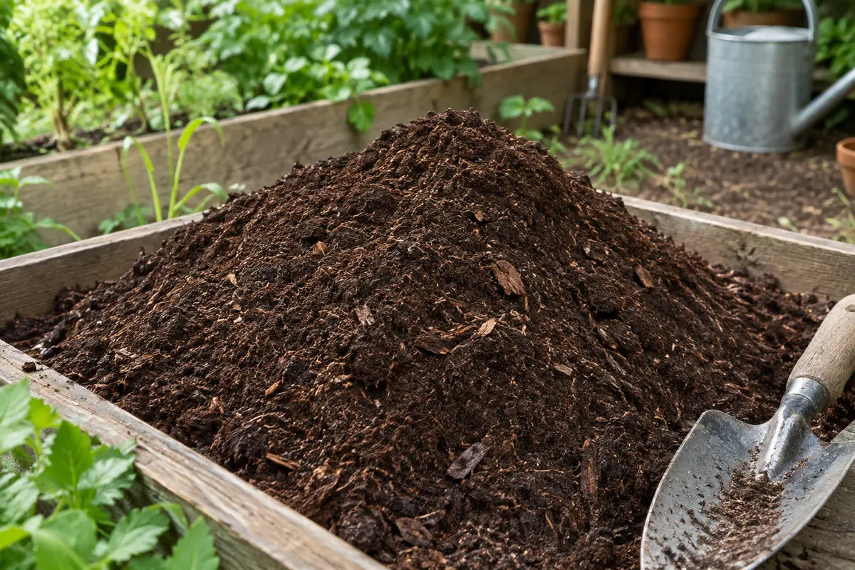 Terreau brun de plantation avec fragments d’écorce, présenté dans un bac près d’un jardin cultivé.