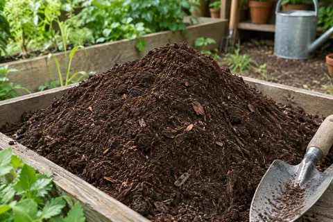 Terreau brun de plantation avec fragments d’écorce, présenté dans un bac près d’un jardin cultivé.