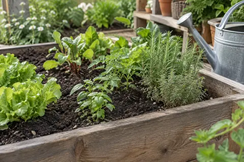 Terreau pour potager réparti dans un bac en bois, avec de jeunes plants de légumes et d’aromates
