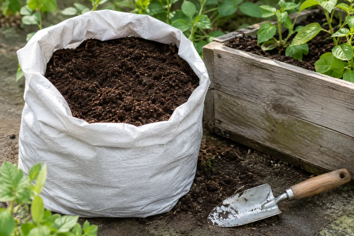 Terreau universel à texture fine dans un sac neutre ouvert, près d’une jardinière en bois et d’un transplantoir.