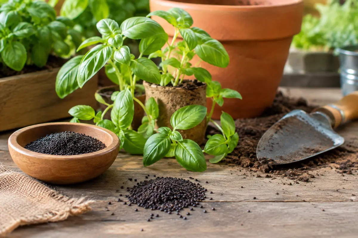 Graines de basilic et jeunes plants verts près d’un pot en terre cuite sur un établi de jardin