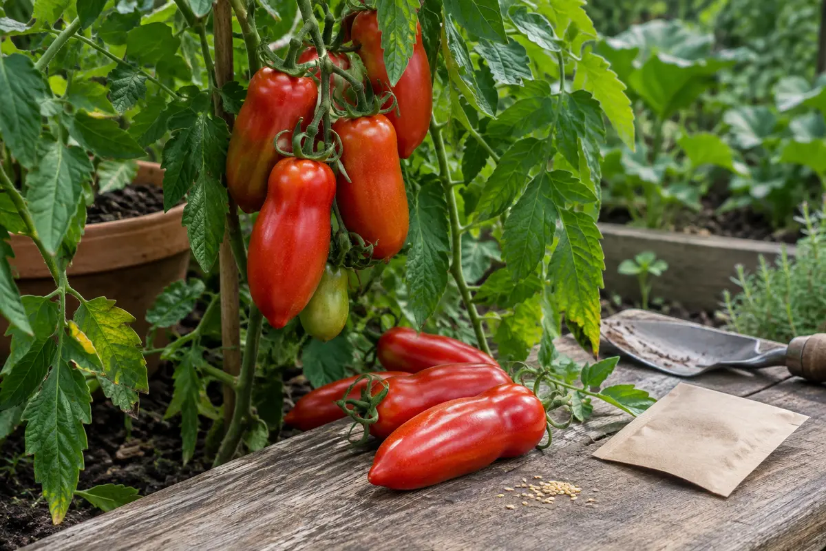 Tomates Cornue des Andes rouges et allongées sur un plant feuillu, avec des fruits mûrs posés sur du bois.
