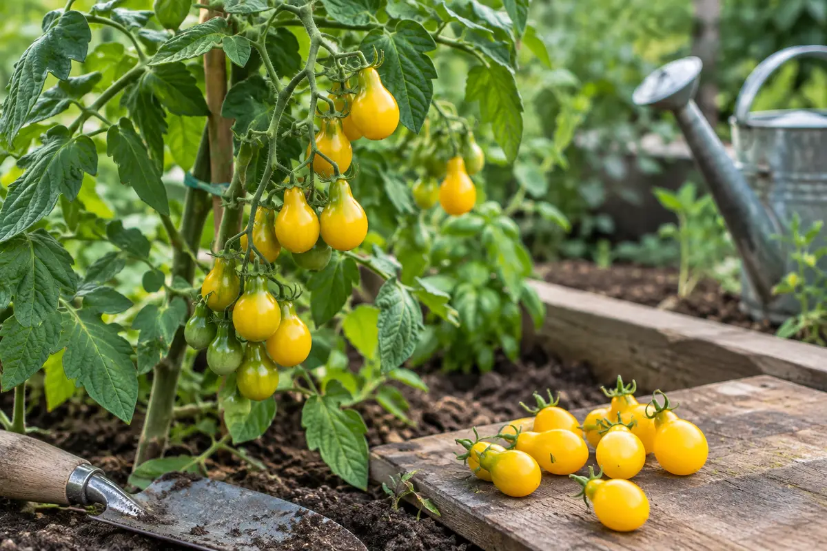 Petites tomates jaunes en forme de poire, cueillies dans un potager et posées sur une planche de bois.